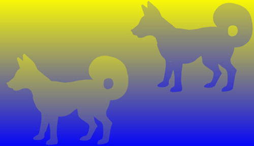 引用:　図3-8-6　黄色と青色の犬が描かれているように見えるが、双方同じ黄土色!<br>周囲の色を塗ることにより､それに影響されて<b>色を錯覚</b>してしまう｡